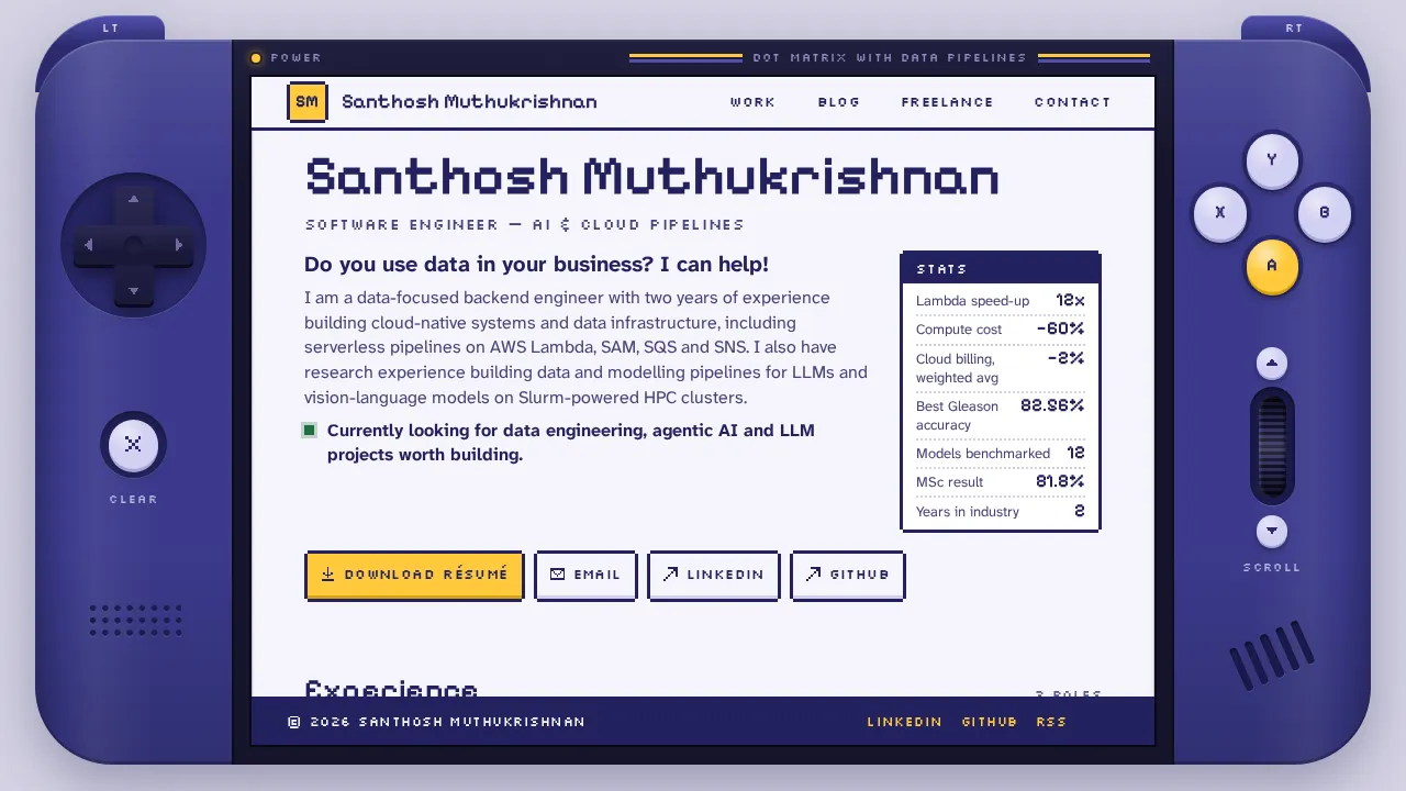 The finished design: this website on the screen of an indigo handheld console, with LT and RT triggers, a D-pad, a clear button, yellow and lilac face buttons and a scroll wheel